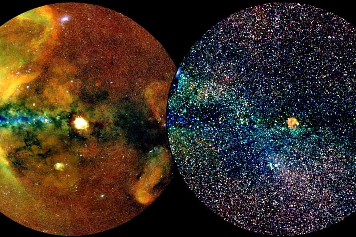 The eROSITA map seen in two different ways: Left shows extended X-ray emissions, while the right image shows point-like X-ray sources