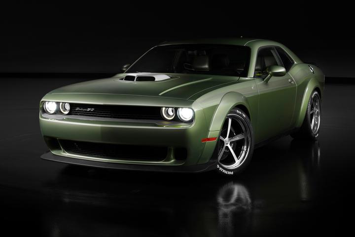 The Dodge Challenger Holy Guacamole concept is painted in ... wait for it ... Rotten Avocado green