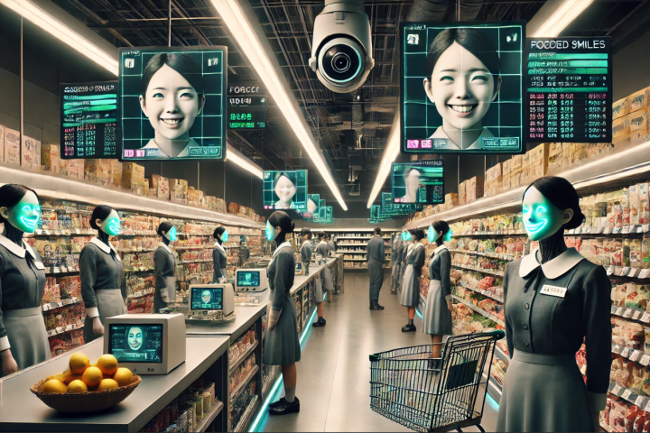 A face-tracking system, pictured here using generative tools, is keeping watch over Japanese supermarket employees to make sure they're smiling enough for Corporate