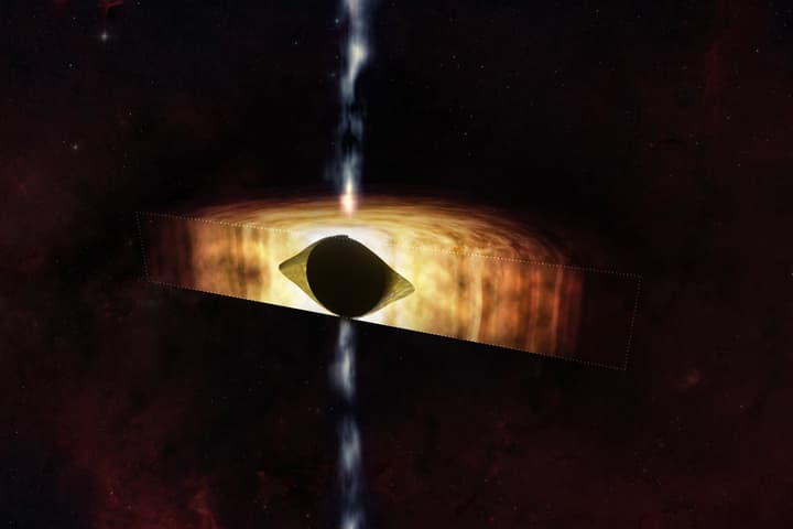 An illustration shows how the supermassive black hole at the center of our galaxy is squashing spacetime into a football shape