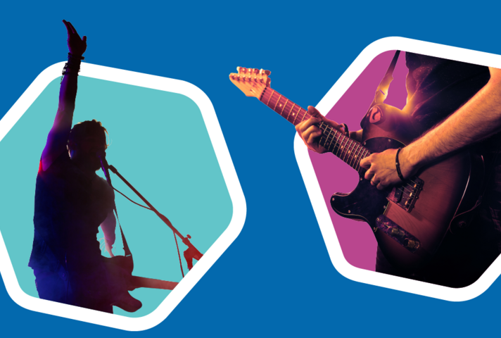 a graphic of 2 musicians in front of a blue background.