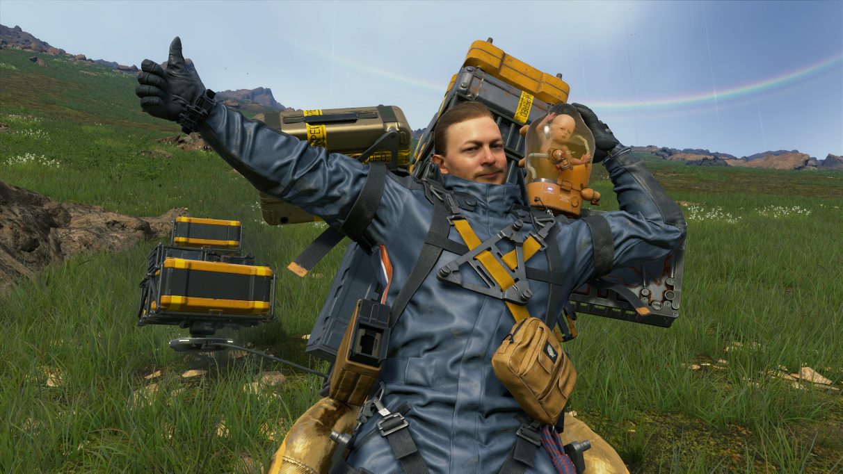 A screenshot of Death Stranding and BB posing in Death Stranding.