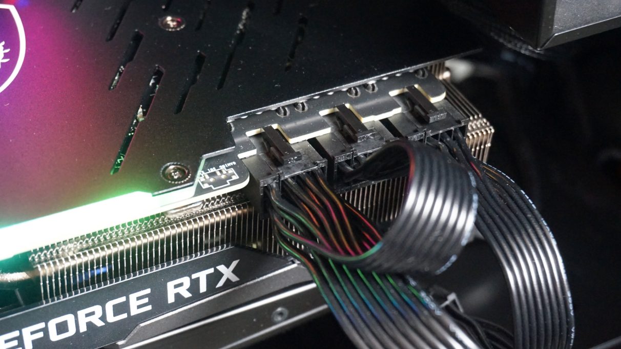 A photo of the MSI GeForce RTX 3090 Gaming X Trio's trio of power connectors.