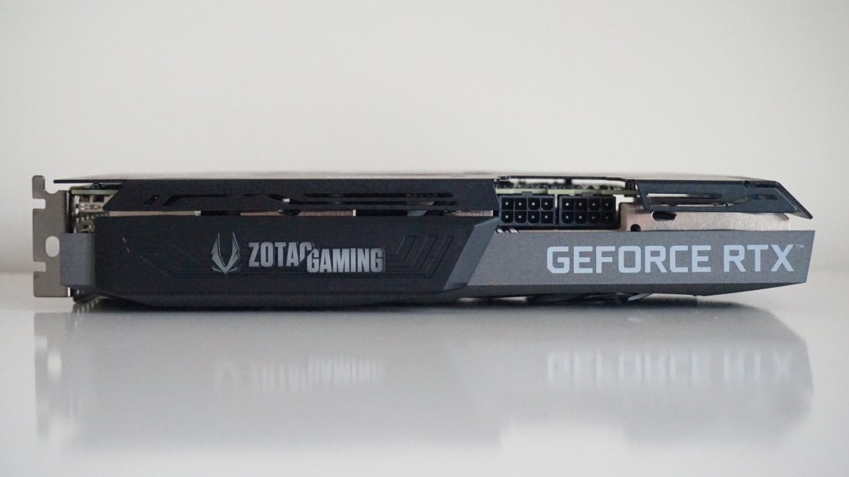 A photo showing the Zotac GeForce RTX 3070 Twin Edge on its side.