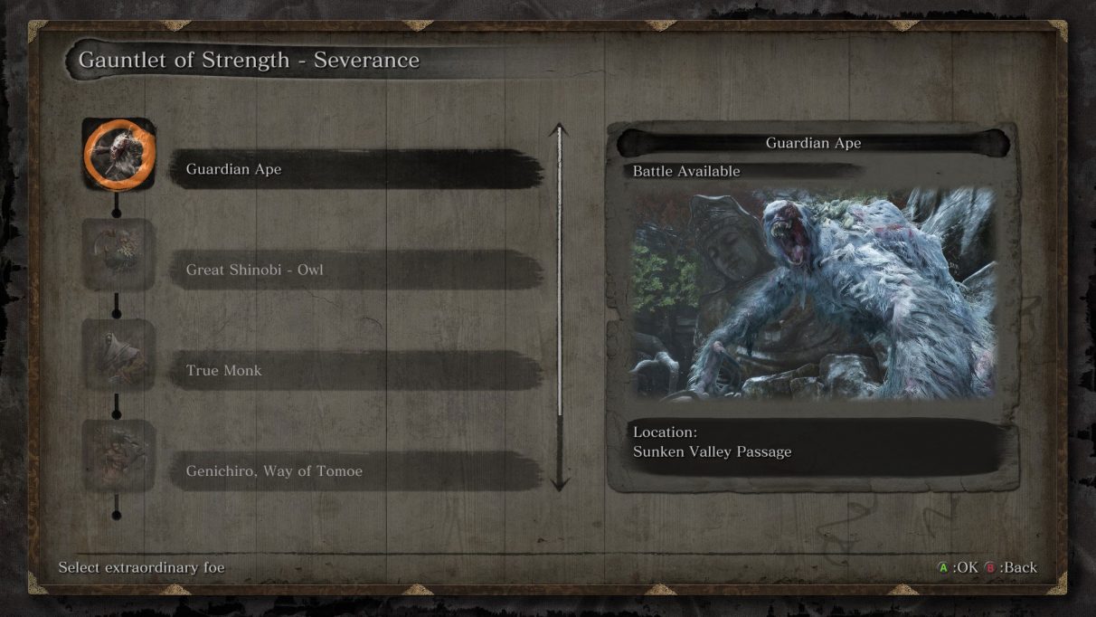 A screenshot of one of the Gauntlets Of Strength in Sekiro. The first boss listed is the Guardian Ape, followed by Great Shinobi, True Monk and Genichiro.