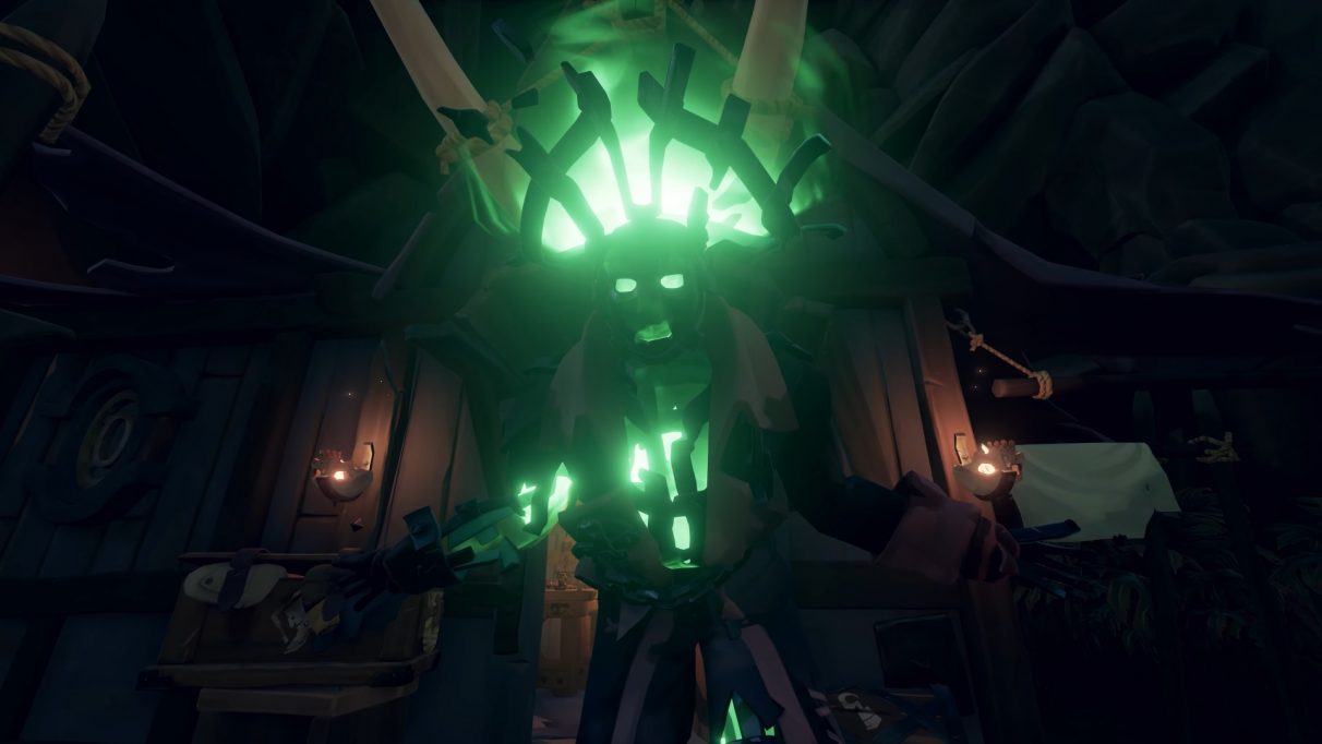 A screenshot of a glowing green Pirate Legends cosmetic from Sea Of Thieves.