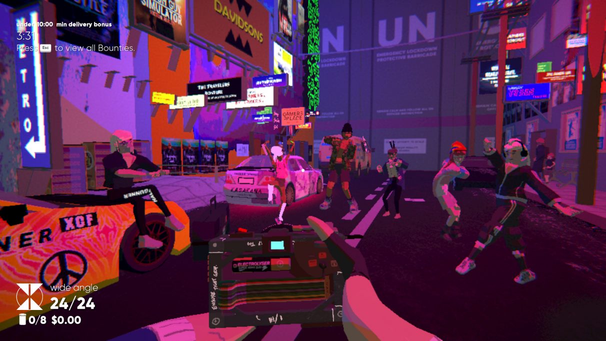 A colourful street party in an Umurangi Generation screenshot.