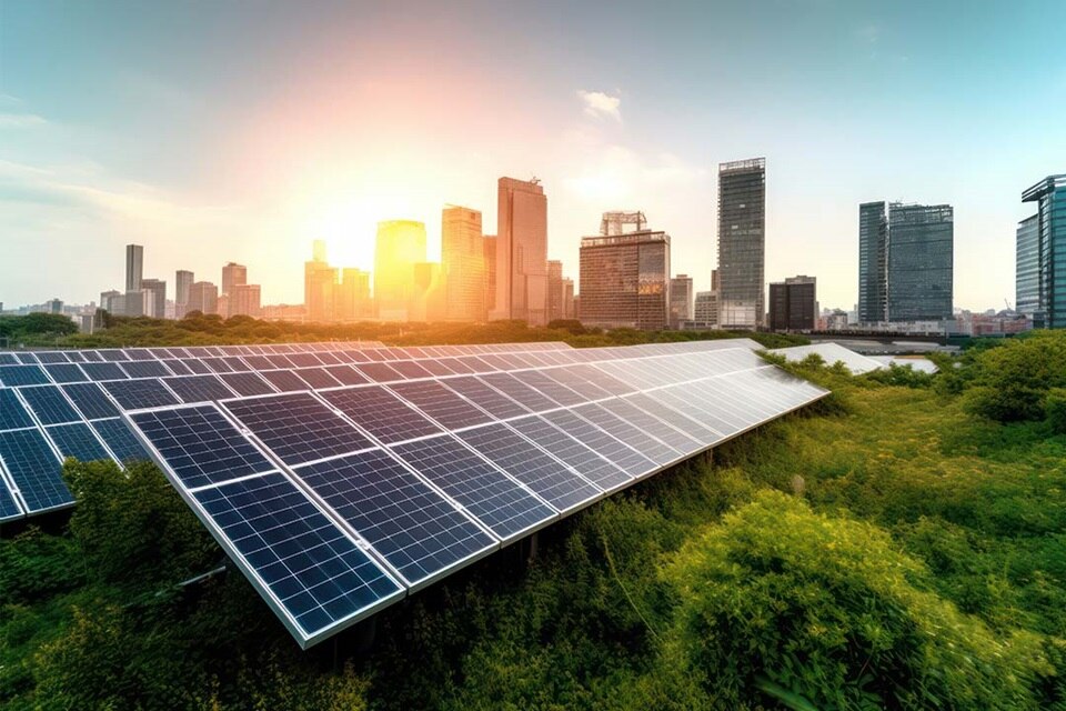 Hager Group Solar pannel in front of a city