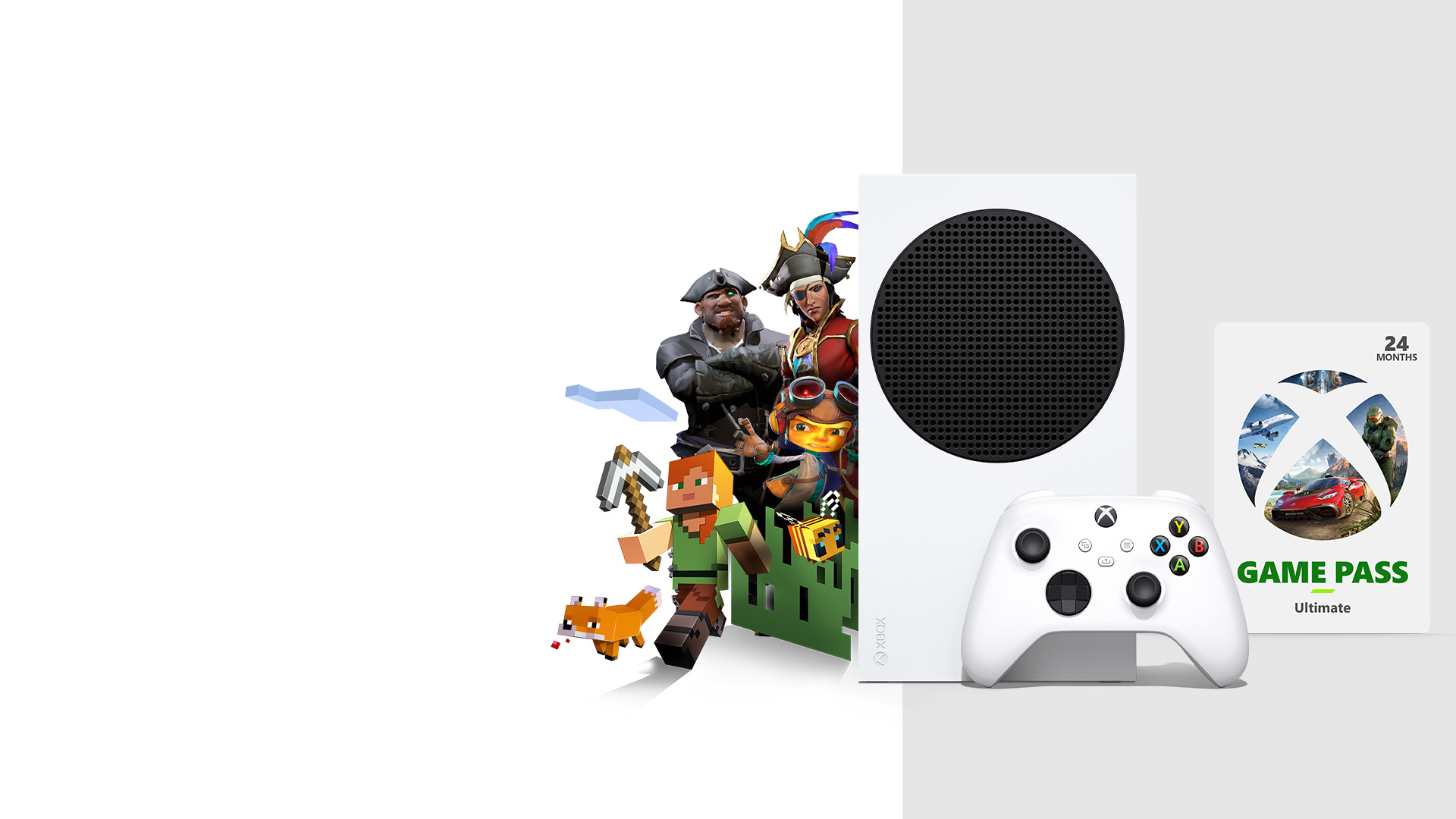 Xbox Series S with Xbox game characters surrounding the console and a 24 months Game Pass Ultimate box