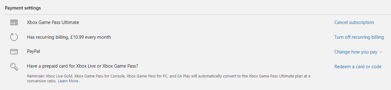 user interface of game pass billing settings