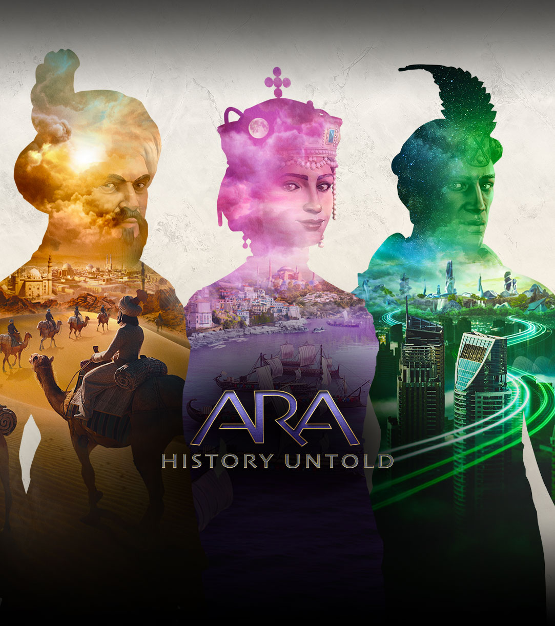 Ara: History Untold. Tres personas transparentes con escenas de distintas ciudades dentro de sus siluetas.