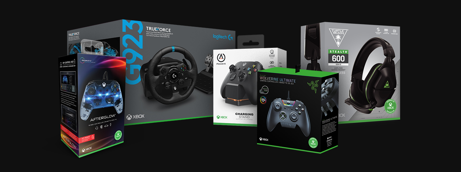 Collection of boxed Xbox accessories including Afterglow controller, Logitech G923 wheel, PowerA charging stand, Razer Wolverine Ultimate controller, and the Turtle Beach Stealth 700 headset.