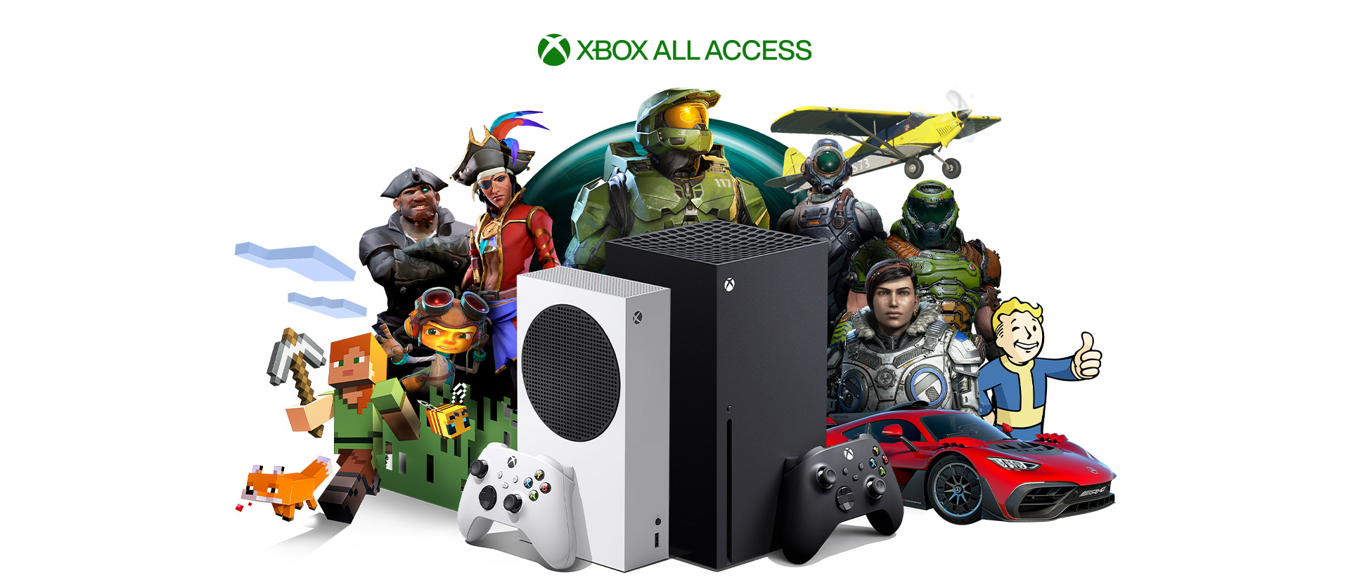 Xbox All Access, Xbox Series X and Xbox Series S with Xbox game characters