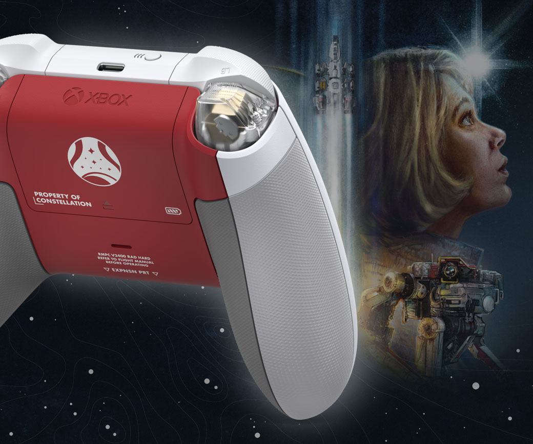 Back detail view of Xbox Wireless Controller – Starfield Limited Edition with characters and a rocket in the background.