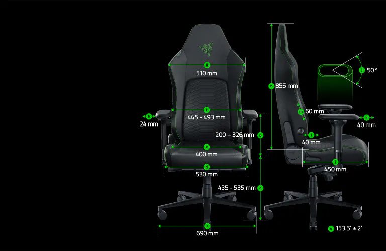 Razer Iskur V2 Product view with parts labelled a, b, c, d, e, f, g, h, i, j, k, l, m, n and o.