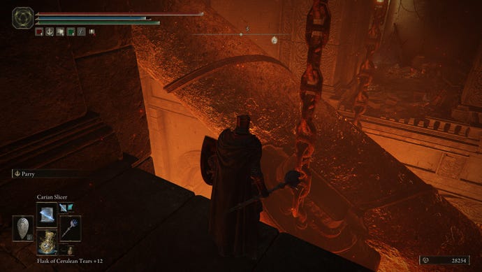 Standing before a giant fallen pipe in Taylew's Ruined Forge in Elden Ring: Shadow of the Erdtree.