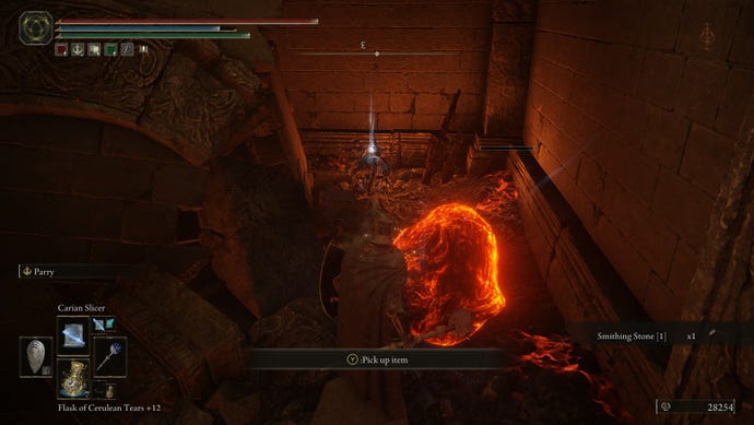 A magma ooze and a corpse mark the location of the Smithscript Greathammer in Elden Ring: Shadow of the Erdtree.