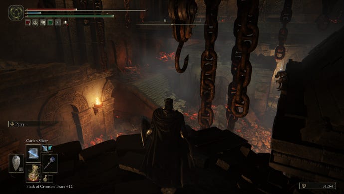 Standing atop a dungeon platform with many hooks hanging from the foreground in Elden Ring: Shadow of the Erdtree.