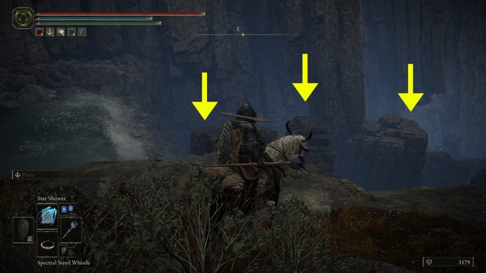 Part 2 of the route to get to the Cerulean Coast in Shadow of the Erdtree. A number of arrows show pillars that the player must jump across in order to reach their destination.