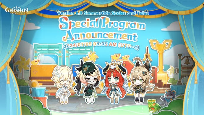 Chibi artwork of Lumine, Emilie, Nilou and Kirara on the promo artwork for Genshin Impact's 4.8 livestream.