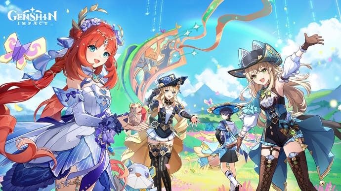 Official promotional artwork for Genshin Impact version 4.8 showing Nilou and Kirara in their new outfits, with Navia and Wanderer in the background.