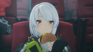 Anby eating a burger while watching a movie at a cinema in Zenless Zone Zero.