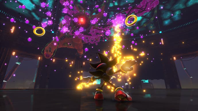 Shadow the black hedgehog faces against purple glowing boss