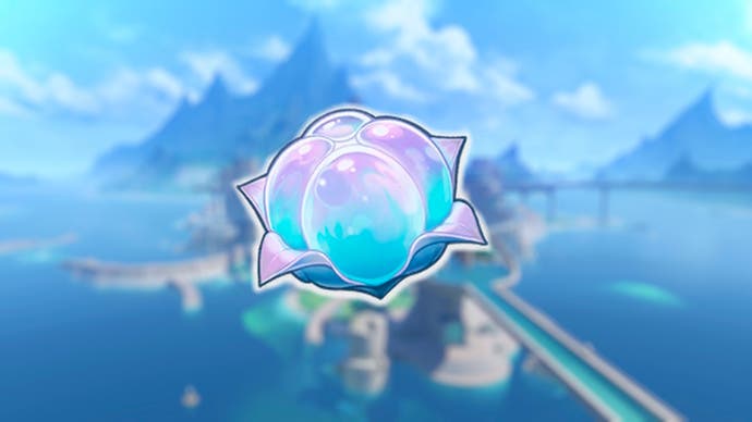 A Romaritime Flower from Genshin Impact on a blurred background of Fontaine city.