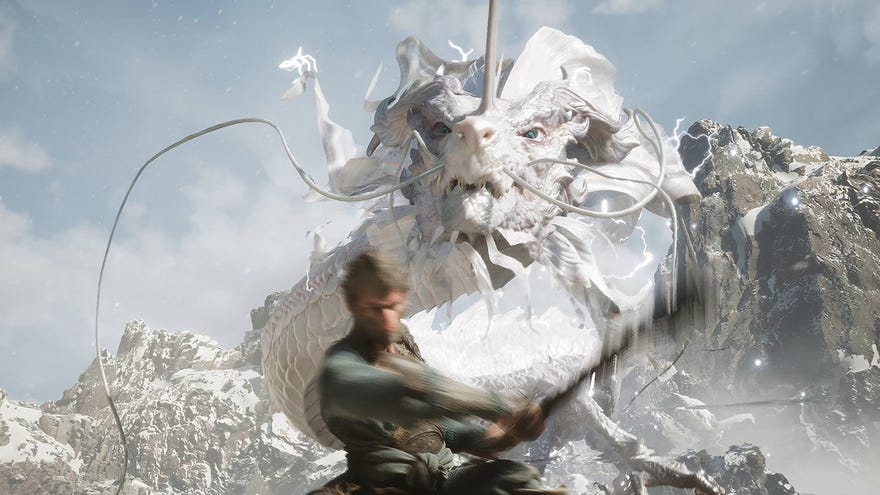 Wukong battles a horned dragon in a snowy environment.