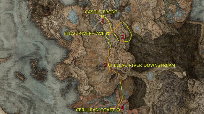 A map showing how to navigate to the Cerulean Coast in Elden Ring: Shadow of the Erdtree, with key locations highlighted.