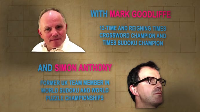 The intro screen on the Cracking The Cryptic puzzle YouTube channel, introducing the hosts Mark Goodliffe and Simon Anthony