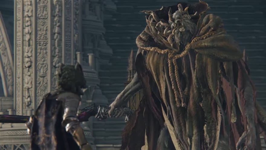 The Elden Ring player stands before Morgott, the Omen King, near the Elden Throne.