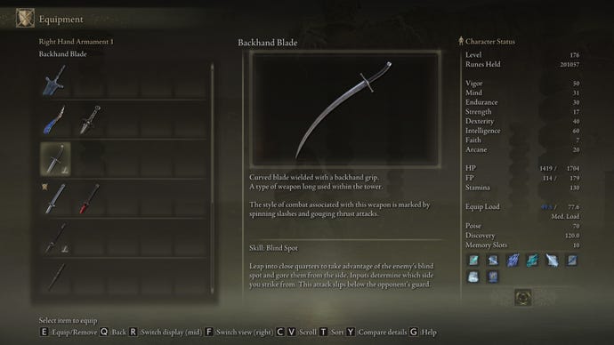 Item description of the Backhand Blade in Elden Ring: Shadow Of The Erdtree.