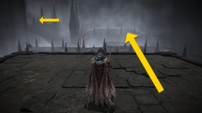 The player in Elden Ring: Shadow Of The Erdtree walks into the Church District. Two yellow arrows point towards a nearby rooftop.