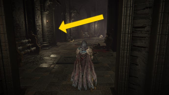 The player in Elden Ring: Shadow Of The Erdtree heads through the Shadow Keep Church.