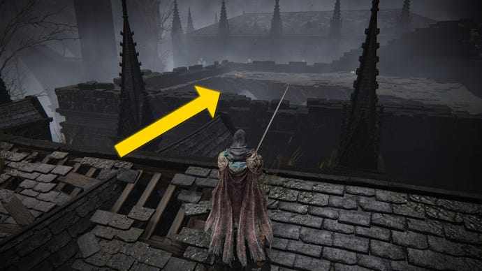 The player in Elden Ring: Shadow Of The Erdtree prepares to jump across two rooftops in the Church District.