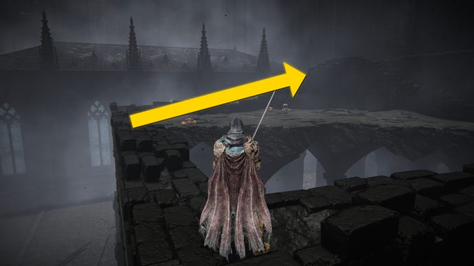 The player in Elden Ring: Shadow Of The Erdtree stands on the edge of a rooftop in the Church District.