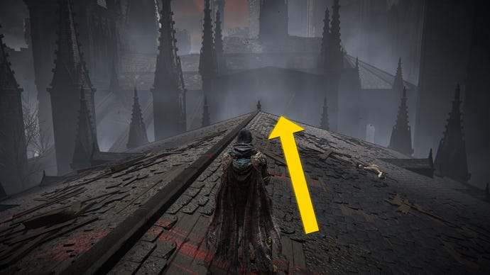 The player in Elden Ring: Shadow Of The Erdtree stands in the middle of a large roof in the Church District and looks toward the church.