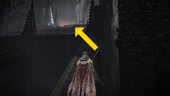The player in Elden Ring: Shadow Of The Erdtree walks up a stone strut onto the church rooftop in the Church District.