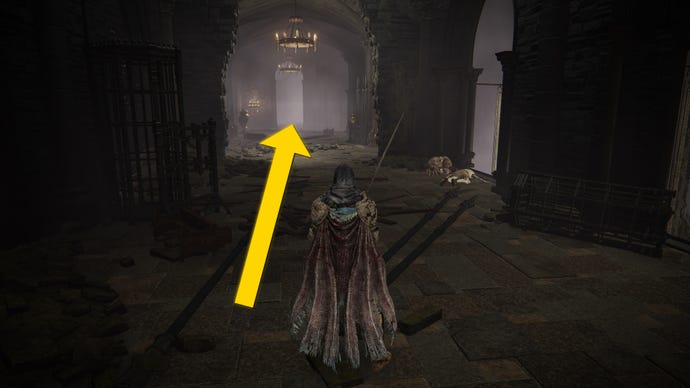 The player in Elden Ring: Shadow Of The Erdtree heads towards an open doorway in the Church District first floor.