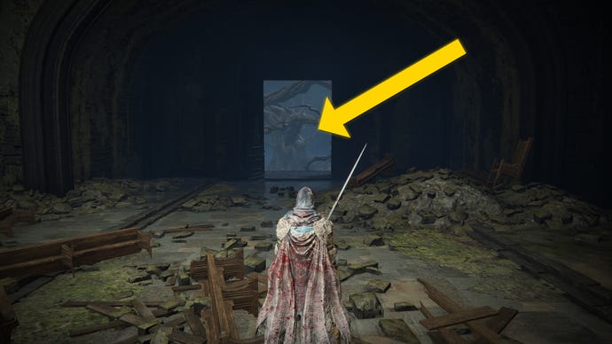 The player in Elden Ring: Shadow Of The Erdtree stands in front of the main door of the Shadow Keep Church.