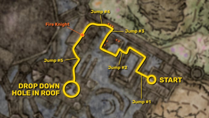 Part of the Elden Ring map of the Church District in Shadow Of The Erdtree, with the path to the hole in the church roof and all the jumps required marked in yellow.