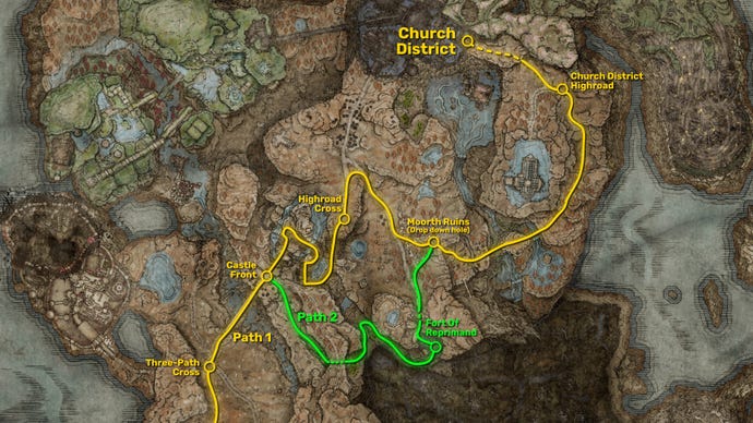 Part of the map of Elden Ring: Shadow Of The Erdtree, with the two possible paths to the Church District in the Shadow keep marked in yellow and green.