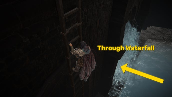 The player in Elden Ring: Shadow Of The Erdtree descends a ladder next to a waterfall in Shadow Keep. A yellow arrows points to a hidden doorway through the waterfall.