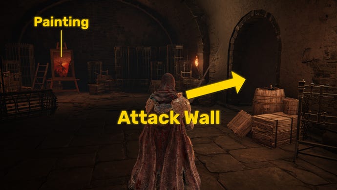 The player in Elden Ring: Shadow Of The Erdtree stands in front of a painting in Shadow Keep. A yellow arrow points towards a hidden doorway on the right-hand side wall.
