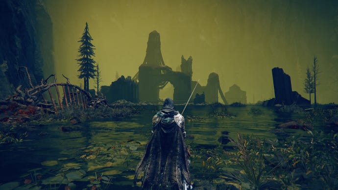 The player in Elden Ring: Shadow Of The Erdtree stands next to the Castle Watering Hole Site Of Grace. The Ruins Of Unte stand before them in the background.