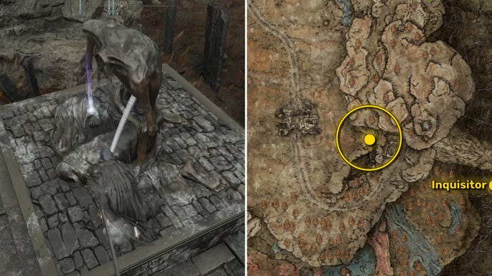Two Elden Ring: Shadow Of The Erdtree screenshots side by side. Left: the location of a Revered Spirit Ash collectible. Right: the location of that same Revered Spirit Ash on the map.