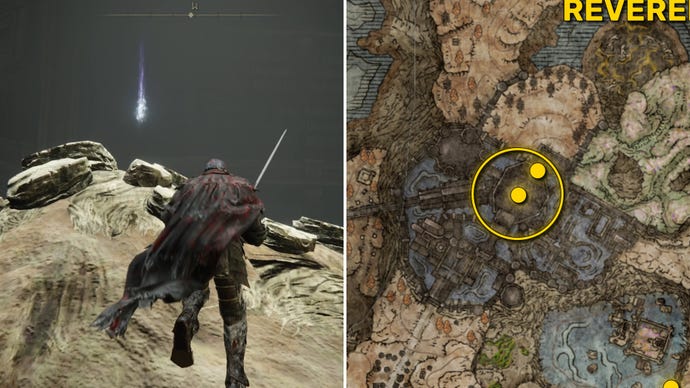 Two Elden Ring: Shadow Of The Erdtree screenshots side by side. Left: the location of a Revered Spirit Ash collectible. Right: the location of that same Revered Spirit Ash on the map.