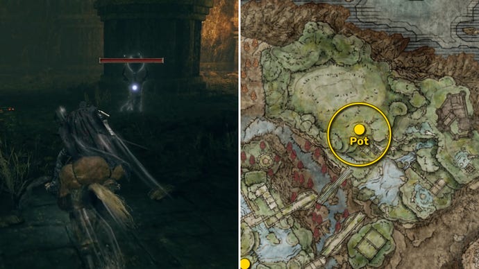 Two Elden Ring: Shadow Of The Erdtree screenshots side by side. Left: the location of a Revered Spirit Ash collectible. Right: the location of that same Revered Spirit Ash on the map.