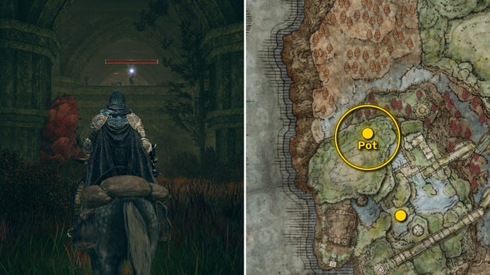 Two Elden Ring: Shadow Of The Erdtree screenshots side by side. Left: the location of a Revered Spirit Ash collectible. Right: the location of that same Revered Spirit Ash on the map.